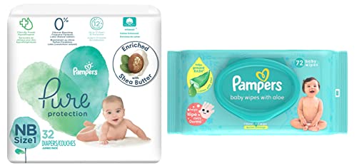 Pampers Pure Protection Baby Diapers, Newborn, (Size 1, NB), 32 Count & Pampers Baby Aloe Wipes with Lid, 72 Wipes