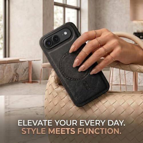 Image of amazon basics Premium PU Leather Case for iPhone 17 Air, MagSafe Compatible Magnetic Ring, Sleek Protective Back Cover - [Black]