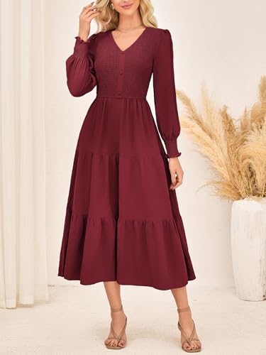 Kate Kasin Womens Long Sleeve Midi Dress, Casual Flowy Smocked Waist Work Dress Pockets, Elegant Fall Dresses 20253