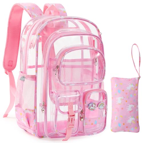 Image of Clear Backpack, 17 inch Large Clear Bookbag with Cute Pin Accessories, Double Layer Heavy Duty See Through Backpack for School College Work Stadium Travel
