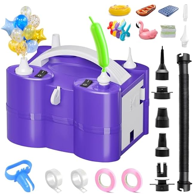 FLSEPAMB Electric Balloon Pump, 3-in-1 Portable Electric Air Balloon Blower Machine Balloon Pump 2 Motor Dual Nozzle Balloon Inflator for Latex 260Q Long Foil Balloons Swimming Rings Air Beds