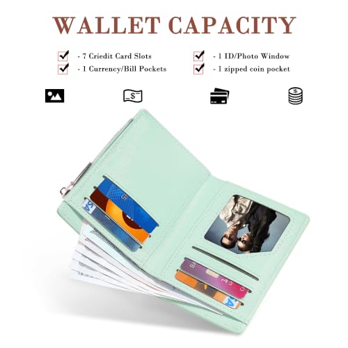 Image of Small Womens Wallet, Cute Bifold RFID Blocking Vegan Wallet for Teen Girls Ladies with Zipper Coin Pocket (Green,Flower)