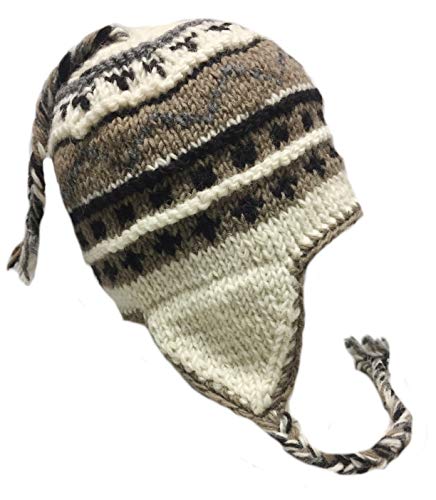 Nepal Hand Knit Sherpa Hat with Ear Flaps, Trapper Ski Heavy Wool Fleeced Lined Cap (Extra Large Head Black & White)