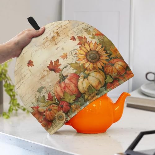 Image of Hudotybom Fall Pumpkin Tea Pot Cozies Thanksgiving Coffee Breakfast Warmer Teapot Dustproof Insulated Covers Tea Kettle Quilt for Kitchen