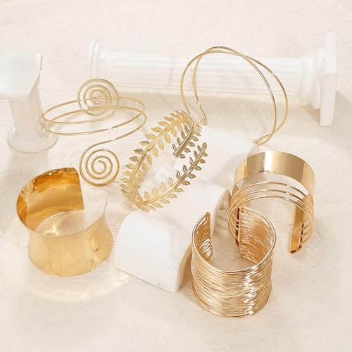 BROCC 6PCS Gold Cuff Upper Arm Band Bracelets for Women Gold Wrist Cuff Wrap Wide Wire Bracelet Open Adjustable Armband Set2