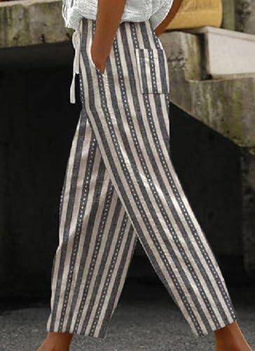 Women's Grey White Striped Wide Leg Drawstring Waist Casual Trousers 2025 Spring Summer Stylish Loose Pants4