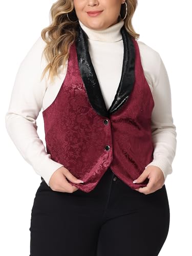 Agnes Orinda Plus Size Women's Vest Jacket Vintage Jacquard Lapel Collar Button Velvet Waistcoats