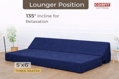 Image of Coirfit (4-in-1 Three Seater Sofa Cum Bed (1 Year Warranty) with 3 Free Cushions | Folding Sofa, Bed, Lounger, Diwan | Removable Washable Cover | Compact & Lightweight -Dark Blue 5x6 Feet