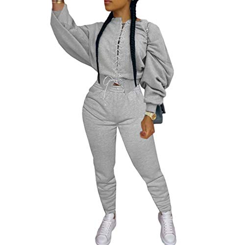 2 Piece Outfits for Women Sexy - Puff Sleeve Lace Up Cropped Pullover Sweatshirts Jogger Sweatpants Sets Sweatsuits Gray S