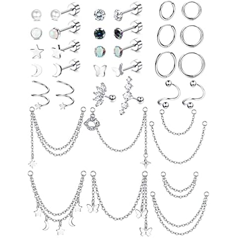 YADOCA 20G Hypoallergenic Helix Earrings For Women Surgical Steel Helix Piercing Jewelry Flat Back Stud Earrings Small Hoop Earrings Dangle with Chain Cartilage Helix Tragus Piercing Jewelry Cover