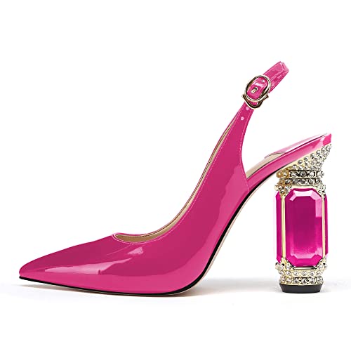 Image of JANSEVEN Women Chunky Heels Pumps Crystal Block Heels with Rhinestones Pointed Toe Sexy Gradient Patent Leather Slip on Bridal Party Wedding Dress Shoes 5-13 M US