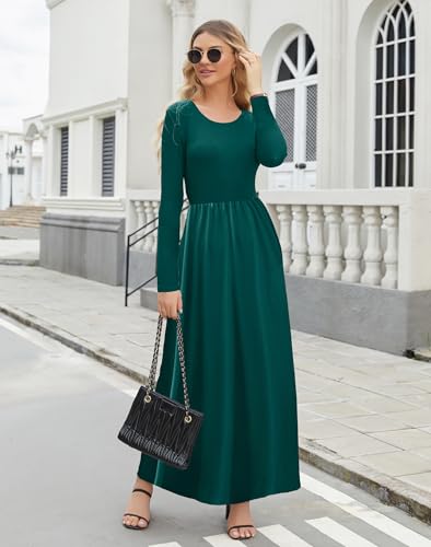 Supnier Women Long Sleeve Maxi Dress Plain Casual Loose Crewneck Floral Empire Waist Long Dress with Pockets4