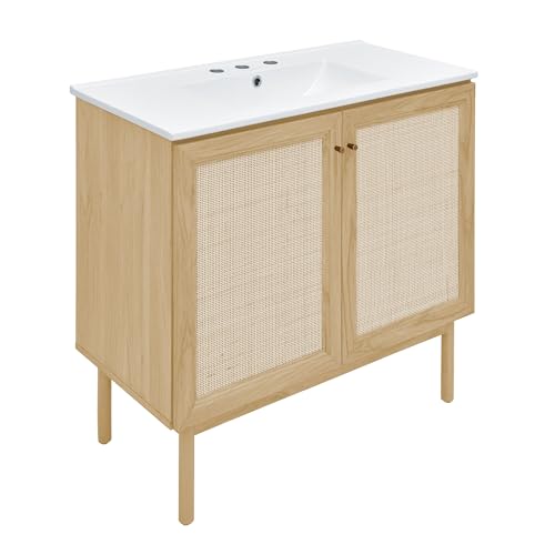 Image of Swiss Madison Classe 36 inch Freestanding Bathroom Vanity in Natural Oak with 3-Hole Widespread Sink Top