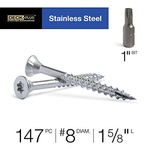 Image of Deck Plus 1-5 /8 Inch Epoxy Coated Exterior Wood and Fence Screws #8 x 1-5 /8 inch Torx /Star Drive Included Coarse Thread, Outdoor Rust Resistant Decking Screw, Silver, 1lb Box, 1015 Pieces | 48462