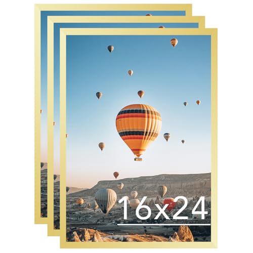 JCJMY 16x24 Picture Frame Set of 3 Gold for Poster Photo Picture and 40x60 cm Canvas Horizontal and Vertical Formats for Wall Hanging 16 x 24 Wall Gallery Poster Photo Frame 3 Pack Gold