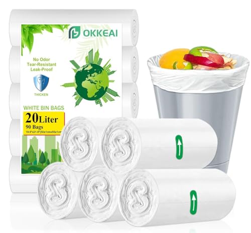 OKKEAI 20l Bin Bags Pedal Bin Liners White Rubbish Bags Strong Plastic Trash Bags 90 Counts Small Garbage Bags For Kitchen Office Fit 15L-25Liter Waste Bin