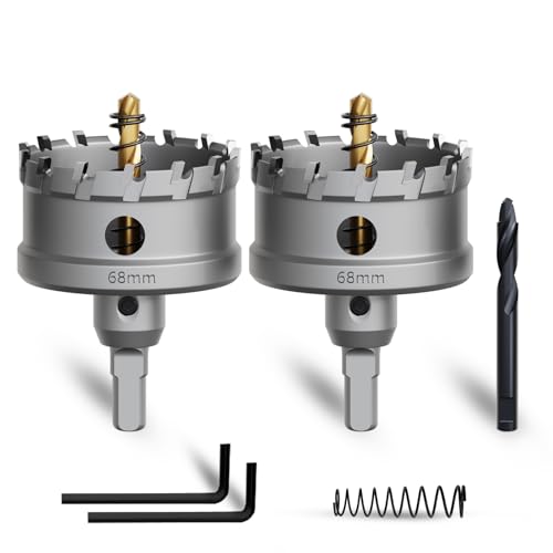 METOTY Lot de 2 scies cloches en métal, 68 mm, en carbure de tungstène, avec un foret de guidage nitré supplémentaire gratuit et une clé en L, pour acier, fer, aluminium, métal