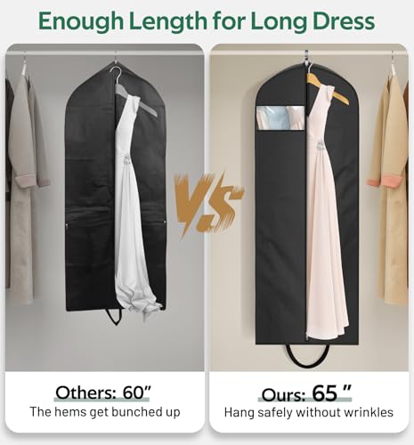 KEETDY 65" Long Garment Bags for Travel 4" Gusseted Dress Bag for Hanging Clothes Cover 3 Packs Clothing Protector for Closet Storage for Gowns, Coats, Black3