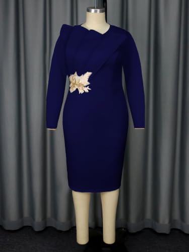 Image of ONTINVA Irregular Business Dress for Women's Outfits Crew Neck Peplum Tops Floral Applique Formal Pencil Dresses