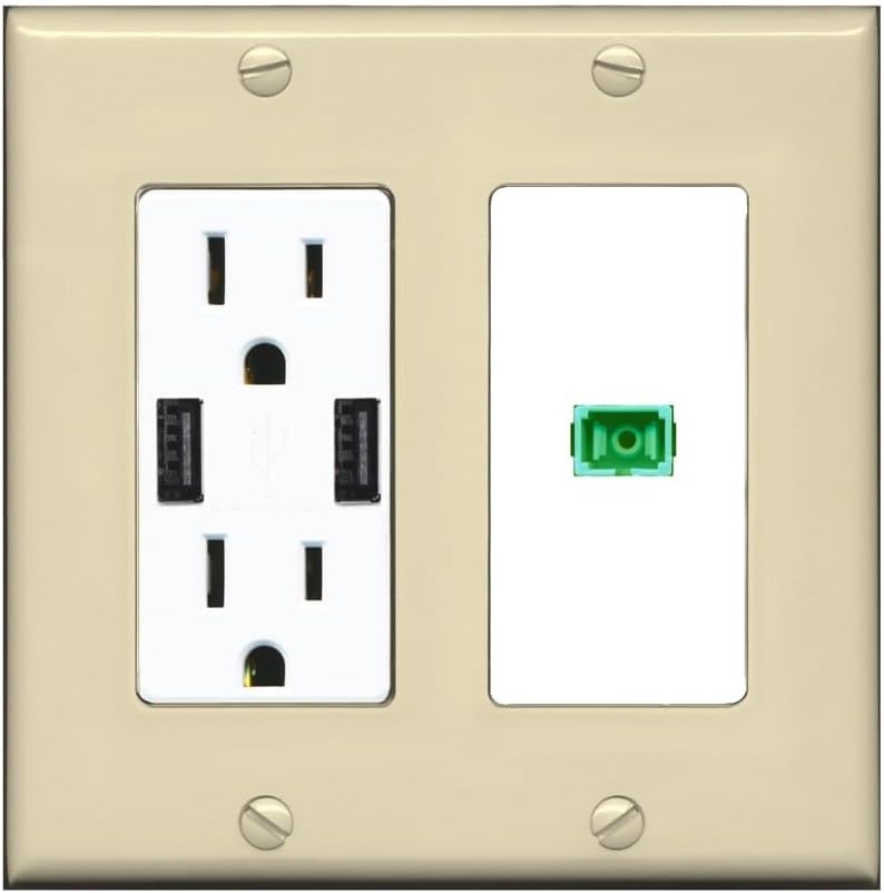 RiteAV 1 Port Fiber Optic Coupler Jack SC Simplex Singlemode APC Wall Plate - USB Charger Outlet [Stainless/Black]