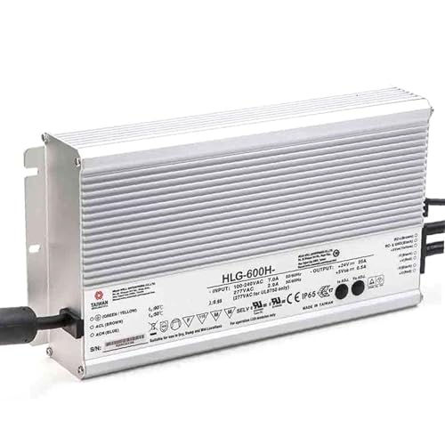 KanGsedo HLG-600H-24B 600W AC-DC LED Power Supply with 24V 25A Output, IP67 Waterproof, High Efficiency up to 95%, Constant Current/Voltage for Commercial, Parking, and Outdoor Lighting Applications