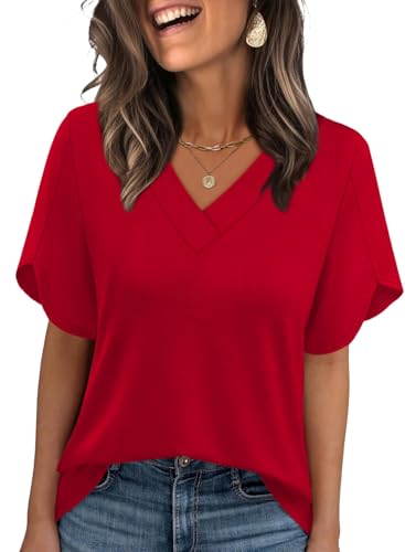 Image of WIHOLL Womens Summer Tops Short Petal Sleeve Shirts Fashion V Neck Womens Clothing
