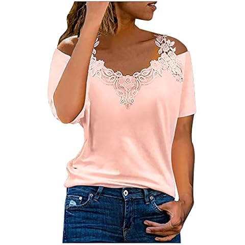 KUIH Lace Blouses for Women UK Off The Shoulder Summer Tops T-Shirts Sexy Shirts Elegant Womens Tops Going Out Tunic Tops Sweatshirts Y2k Ladies Tops Blouses for Work Office Pink Cover