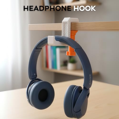 Image of Aesthetic Headphone Hook | Desk-Mounted Headphone Hanger | Durable, Space-Saving & Scratch-Free Stand for Gaming, Office, and Home Setup (White & Orange)