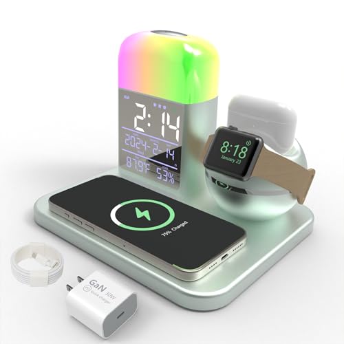 Wireless Charger 3 in 1,Wireless Charging Station Compatible for iPhone15/14/13/12/11/X/iWatch SE/8/7/6/5/4/AirPods 3/2/1/Pro,Night Light with Digital Alarm Clock (Grey/Gold)