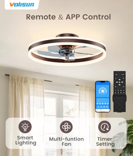 Image of VOLISUN Low Profile Ceiling Fans with Lights and Remote, 20in Flush Mount Ceiling Fans with Light, 3000K-6500K Dimmable Fandelier LED Fan Light, Brown Bladeless Ceiling Fans with Lights for Bedroom