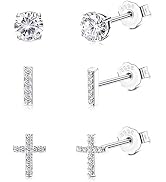 Sllaiss 3 Pairs Sterling Silver Stud Earrings Set for Women Men Tiny CZ Cross Cartilage Stud Earr...