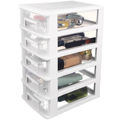 BESTYASH Organizador de Escritorio Transparente 5 Niveles y Cajones de Plástico para Oficina y Dormitorio, Almacenamiento Multifuncional para Maquillaje y Papelería