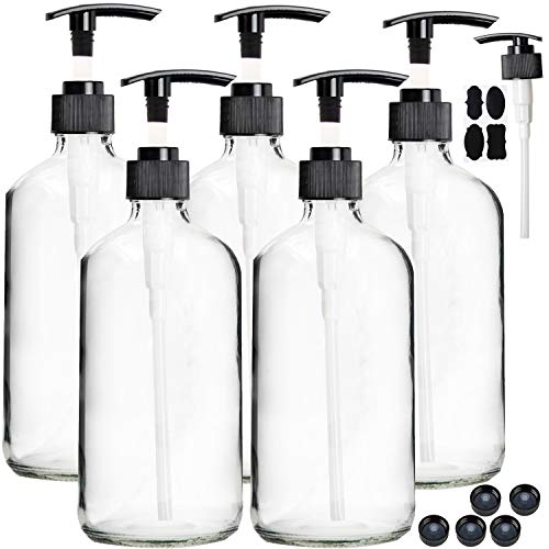 Youngever 5 Pack Empty Clear Glass Pump Bottles, 8 Ounce Lotion Pump Bottles, Soap Dispenser, Refillable Containers for Essential Oils, Cleaning Products, Lotions, Aromatherapy, Durable Black Pumps