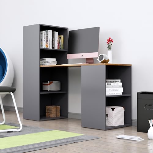 Image of Bniture Wooden Study Table for Home with Bottom Storage | Engineered Wood Study Table with Book Shelf | Multi Purpose Computer Desk for Writing, Laptop Table for Office & Home, Slate Grey & Giant Wood