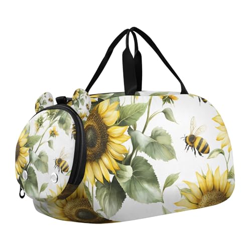 Duffle Bag for Boys or Girls with Shoes Compartment, Sunflower Bee Tile Pattern Sports Travel Bag Overnight