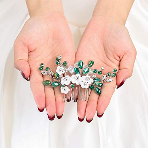 Campsis Wedding Hair Comb Silver Flower Crystal Green Bead Bridal Hair Clips Accessories For Brides And Bridesmaid #TOP2