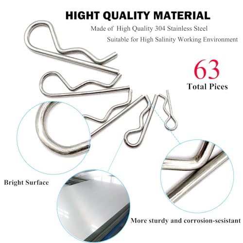 Image of 63 Pcs Stainless Steel Hitch Pin Clip R Clips Retaining Pins Tractor Hair Pin Assortment Spring Clip Retainer Pins Hitch Keeper Pins Kit for Dolly Pins /Trailer Pin Clips