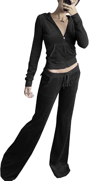 HBER Womens 2 Piece Velour Tracksuit Set Long Sleeve Zipper Hoodie Cropped Jacket and Sweatpants Y2K Sweatsuit Set