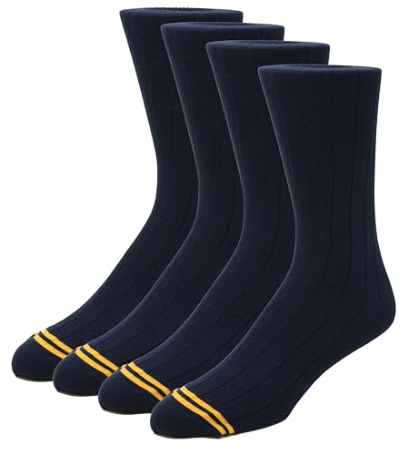 Men's Combed Cotton Socks, Seamless Toe, Flat Knit or Ribbed, Crew Length, Black, Navy or Brown Navy2 Ribbed 1PK (4 Pairs)