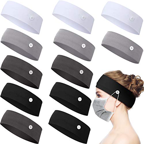 12 Pieces Button Headband Holder Non Slip Nurse Headbands Multicolored Ear Protection Holder for Men Women Ear Protection (Black, White, Light Gray, Dark Gray, L)