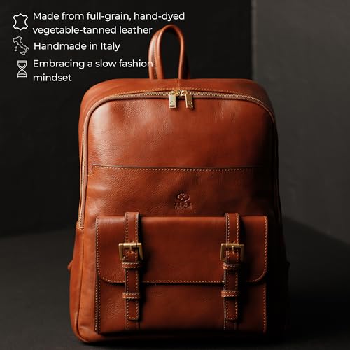 Image of Time Resistance Leather Backpack for Men and Women - Laptop Bag up to 15 inch - Cognac Brown Business Rucksack