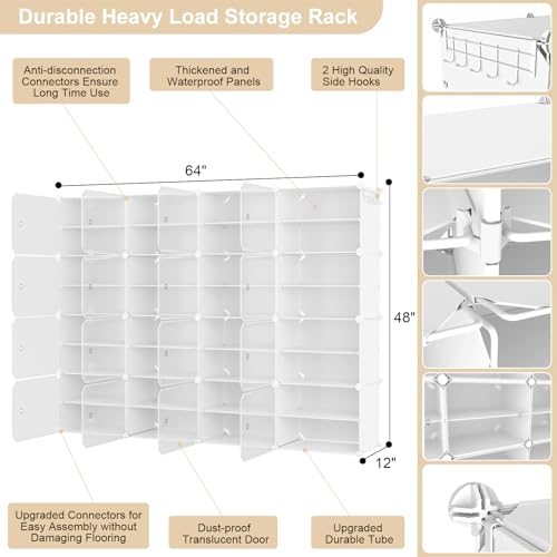 Image of Portable Shoe Rack Organizer with Door, 64 Pairs Shoe Storage Cabinet Easy Assembly, Plastic Adjustable Shoe Storage Organizer Stackable Detachable Free Standing DIY Expandable 8 Tier White
