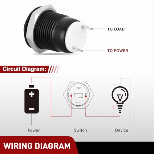 Image of Nilight 12mm Momentary Push Button Switch 6PCS | 12V Waterproof Black Metal Small Round Power Push Button Switches 2 Pin for Car Automotive Truck Boat Marine Off-Road Vehicle