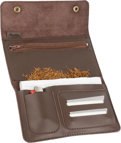 Blague à tabac en cuir véritable artisanal – Étui porte-tabac avec fermeture éclair et poches pour feuilles, filtres et briquet – Fabriqué en Italie...