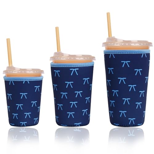 Image of Reusable Insulated Sleeve for Iced Coffee Cup, 3-Pack Coffee Neoprene Drink Sleeve for Cold & Hot Drinks, Beverage Holder for Iced Coffee (Navy Bows)