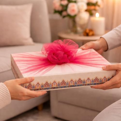 Image of SATYAM KRAFT 6 Pcs Multipurpose Decorative Folding Gift Box | Premium Paper Tray with Net for Wedding Return Gifts, Shaadi /Marriage, Anniversary, Hampers, Festive Gift Packaging (Cream)