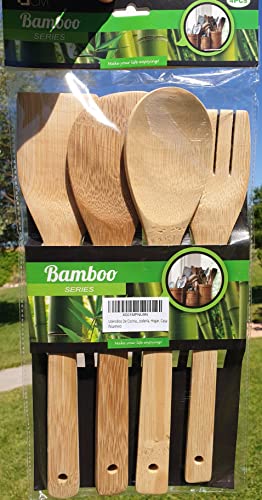 Utensilios De Cocina De Bambú. Cubiertos PACK DE 4 UNIDADES De Bambú 100% Natural Y Ecológico. Juego De Cubiertos De Cuchara Tenedor Y Paleta Ó Espátula Para Repostería, Hostelería, Hogar, Casa Cover