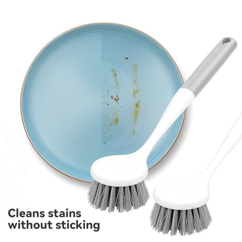Image of 2 Pack Kitchen Scrub Brushes for Cleaning Dish Brush with Handle for Pans, Pots, Kitchen Sink Cleaning Scrub Brushes (PP Plastic)
