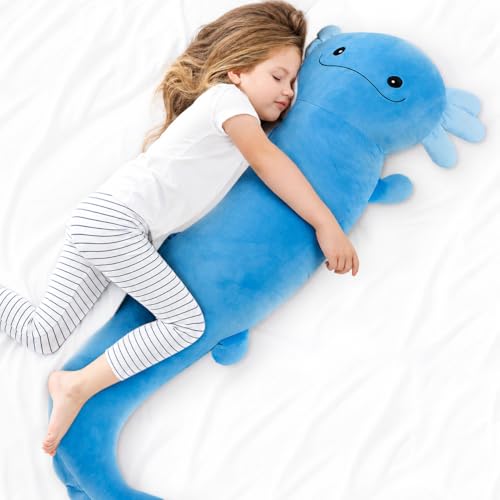 Image of Tianmihou 48 Inch Giant Axolotl Plush Pillow, Big Blue Axolotl Stuffed Animal, Glow in The Dark Salamander Plushie, Soft Large Axolotl Body Pillow, Cute Birthday Gift for Kids Adults