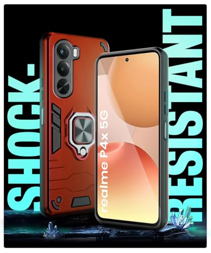 Image of WOW IMAGINE Shock Proof Back Case Mobile Cover for Realme P4x 5G | Back Cover Case (Tough Armor | Hybrid PC + TPU | Ring Holder & in-Built Kickstand | Red)